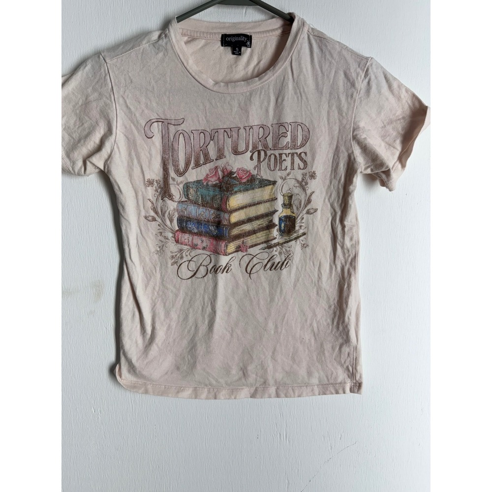 Originality Tortured Poets Book Club Graphic Tee Peach Pink Small Short Sleeve